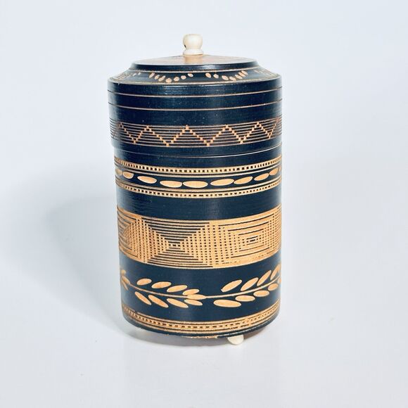 Folk Art Wood Lidded Footed Trinket Box Jar Hand Carved Round Inca Mexico Signed - Picture 3 of 13